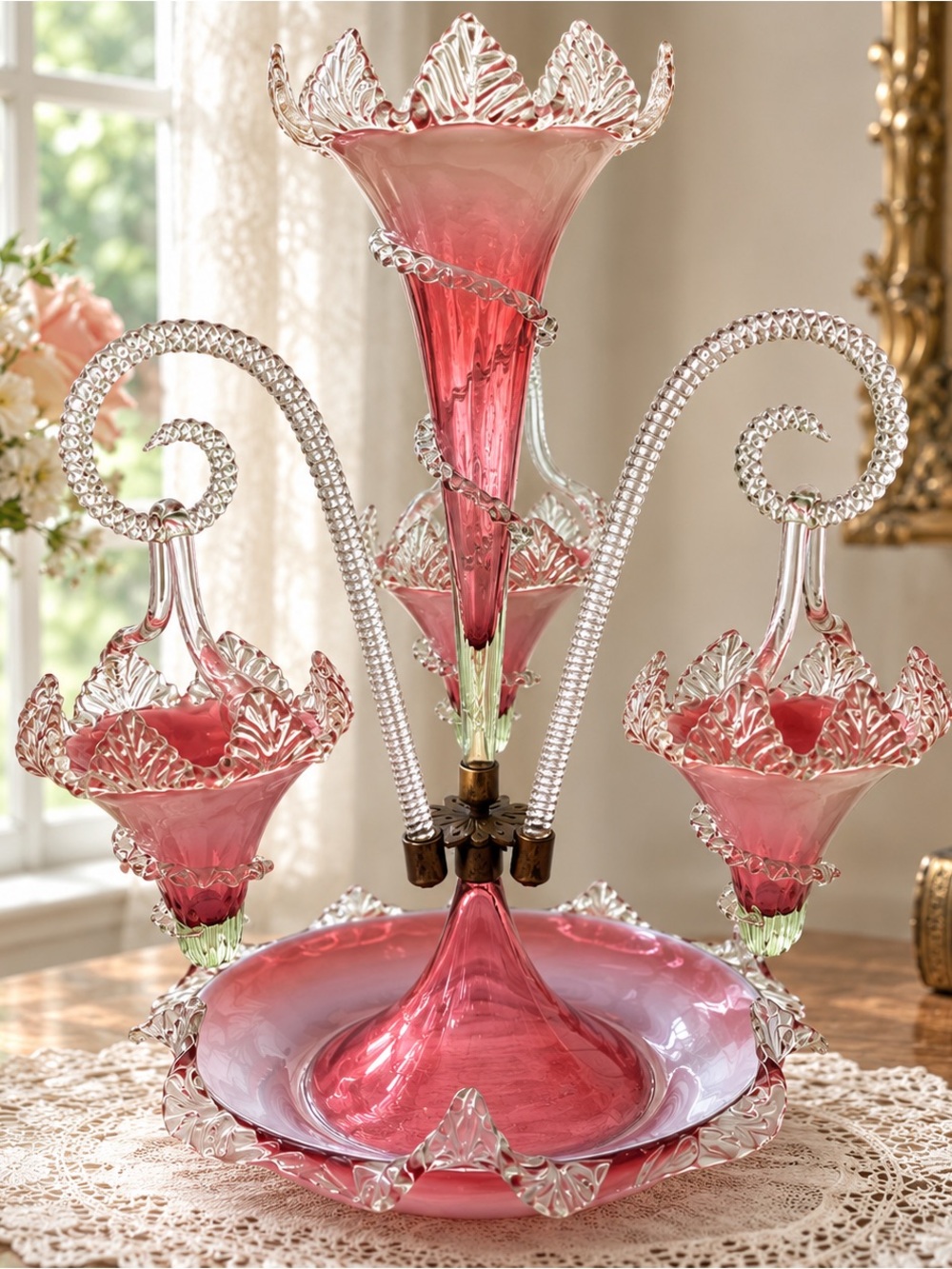 Victorian-Style Pink Glass Epergne Centerpiece